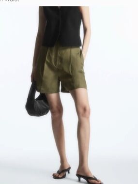 COS Khaki High Waist Front Pleat Linen Bermuda Shorts Size 8